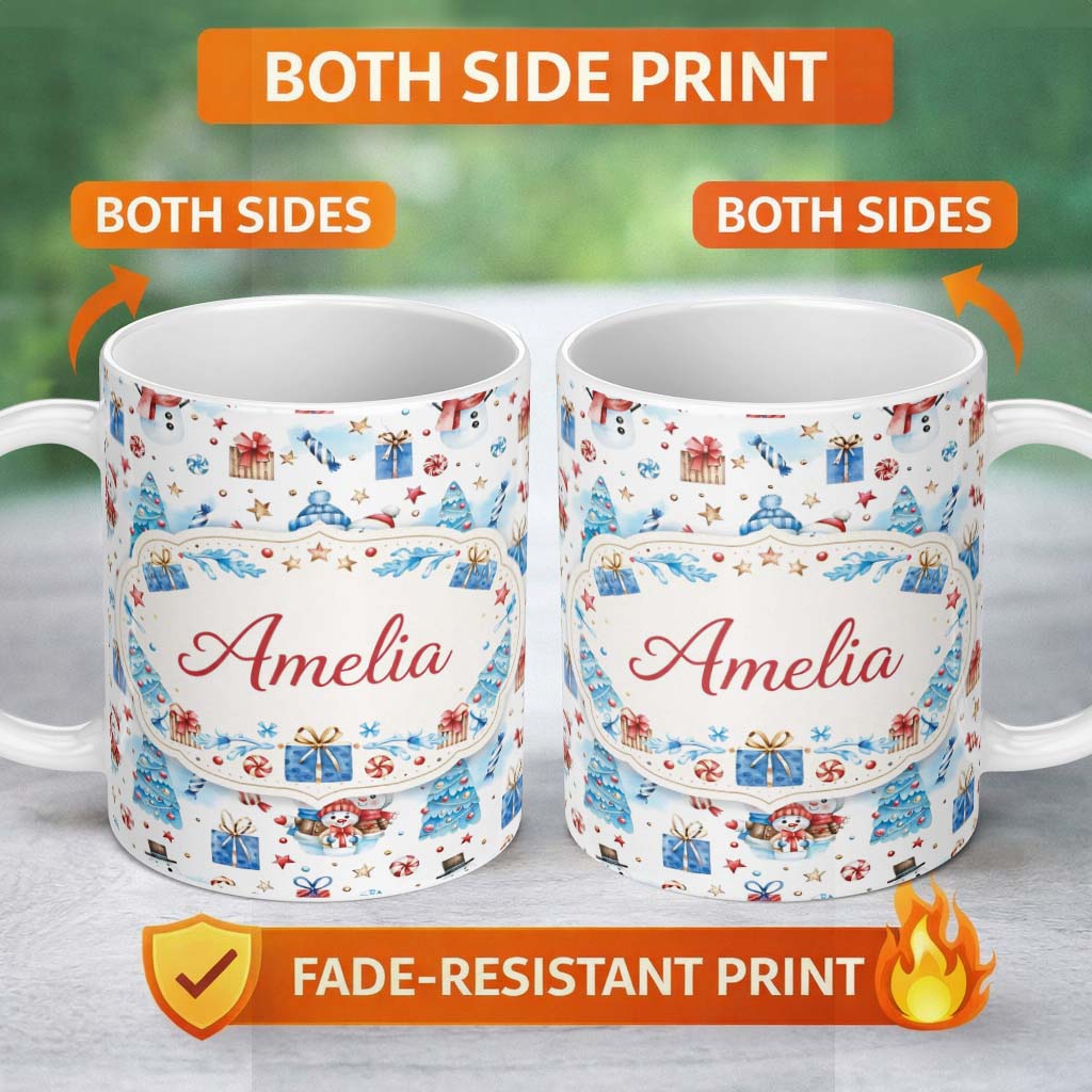 Personalized Custom Name Cute Snowman Christmas Pattern Gifts Candy Winter Seamless Design 11oz Ceramic Coffee Tea Mug White Large Handle