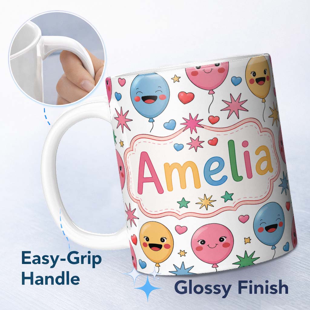 Personalized Custom Name Cute Colorful Balloons Hearts and Starbursts Party Seamless Pattern 11oz Ceramic Coffee Tea Mug White Large Handle