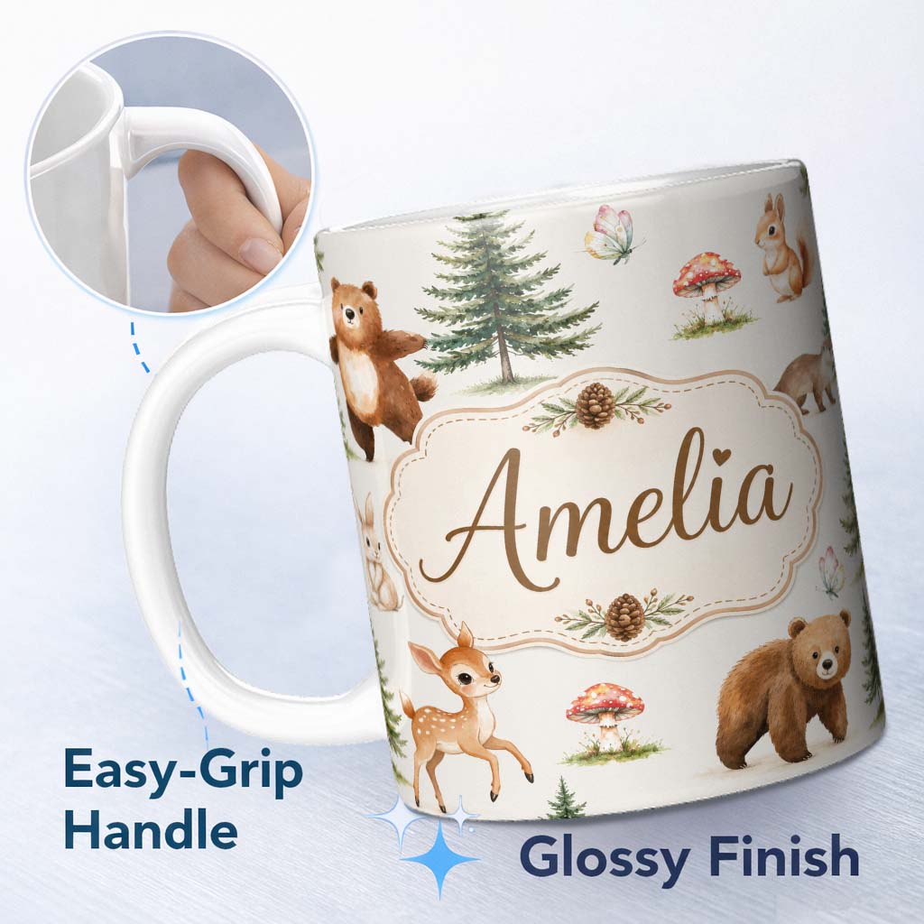 Personalized Custom Name Cute Woodland Forest Animals Bear Bunny Deer on Soft Neutral Lovely 11oz Ceramic Coffee Tea Mug White Large Handle