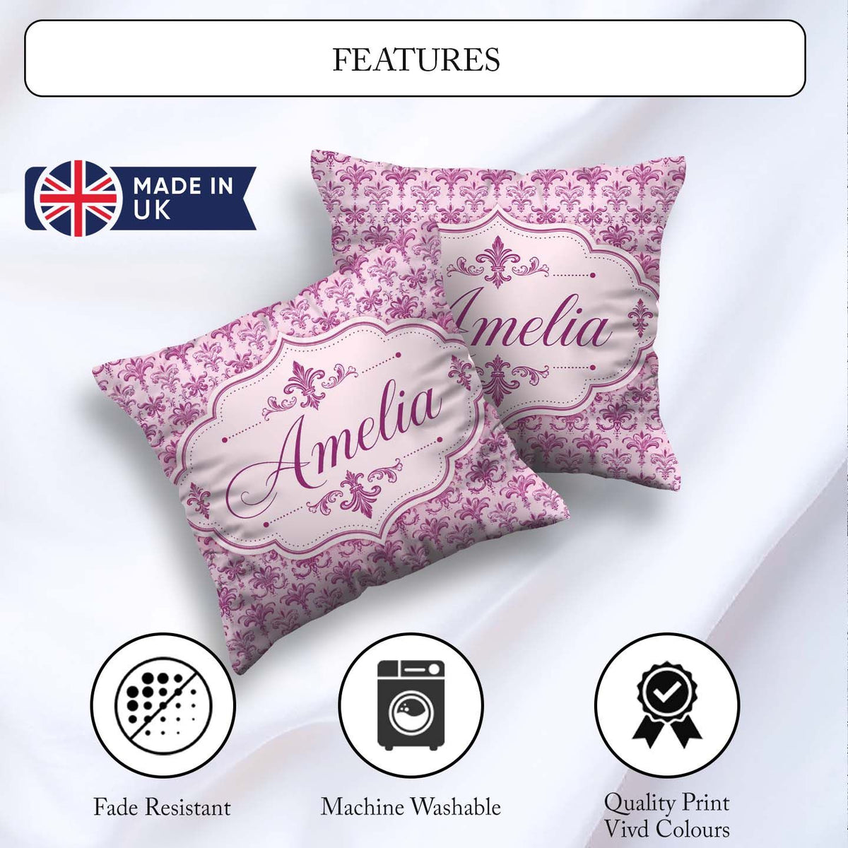 Custom Name Bold Purple Fleur De Lis Damask Pattern Classic Name Square Filled Cushion Throw Pillow Sofa Bed Home Decor Zip Washable UK Made