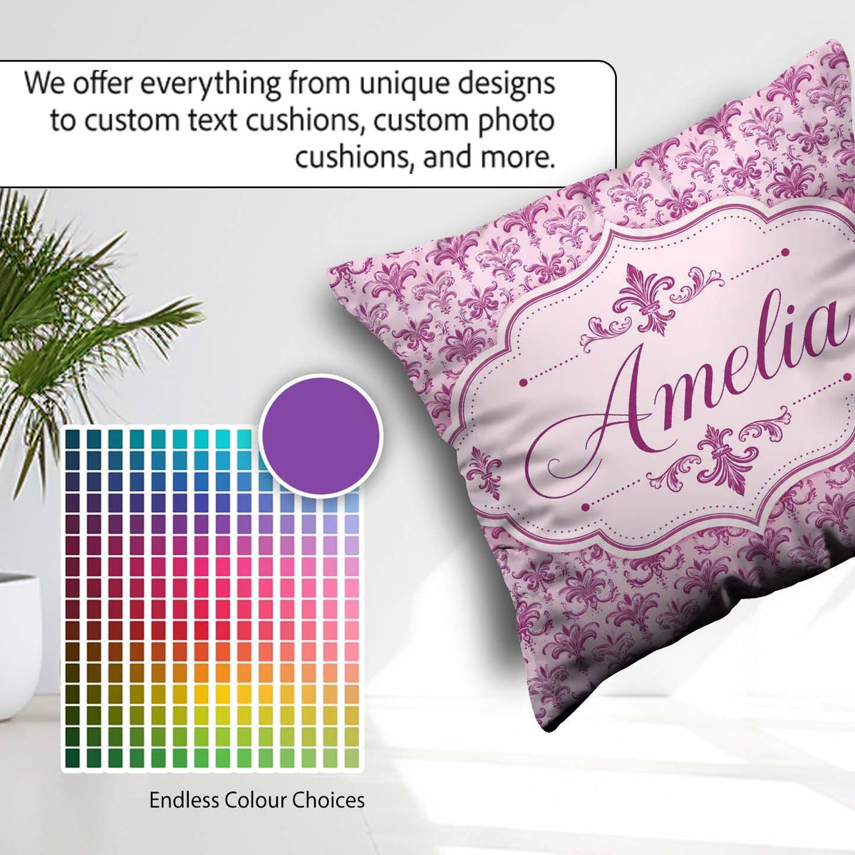 Custom Name Bold Purple Fleur De Lis Damask Pattern Classic Name Square Filled Cushion Throw Pillow Sofa Bed Home Decor Zip Washable UK Made