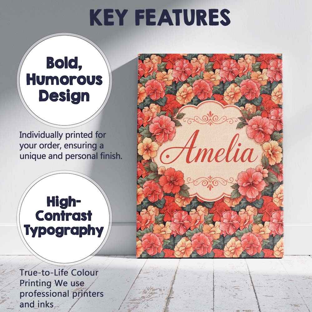 Personalised Name Vibrant Coral Hibiscus Custom Unique Gift Idea Elegant Feature Canvas Wall Art Print Decor Picture Ready to Hang