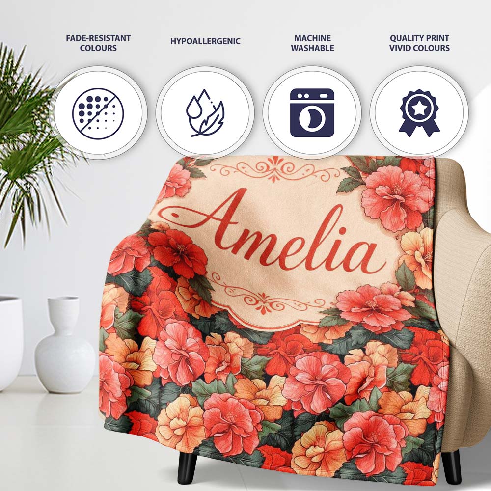Vibrant Coral Hibiscus Floral Seamless Pattern Tropical Garden Personalised Custom Name Super Soft Fleece Blanket Bed Sofa Throw