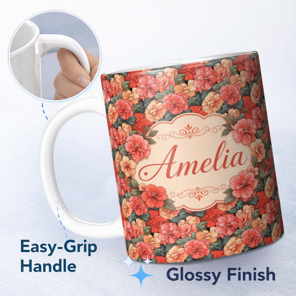 Personalized Custom Name Vibrant Coral Hibiscus Floral Seamless Pattern Tropical Garden 11oz Ceramic Coffee Tea Mug White Large Handle