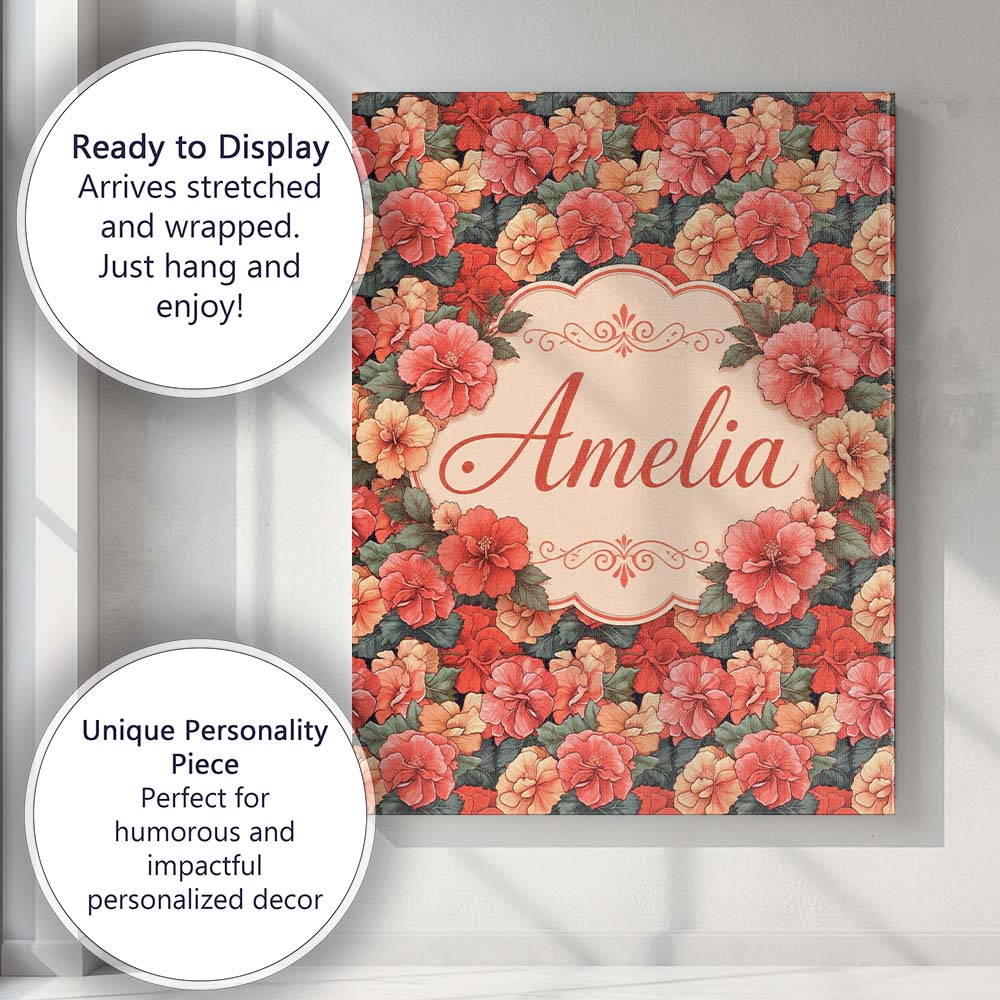 Personalised Name Vibrant Coral Hibiscus Custom Unique Gift Idea Elegant Feature Canvas Wall Art Print Decor Picture Ready to Hang