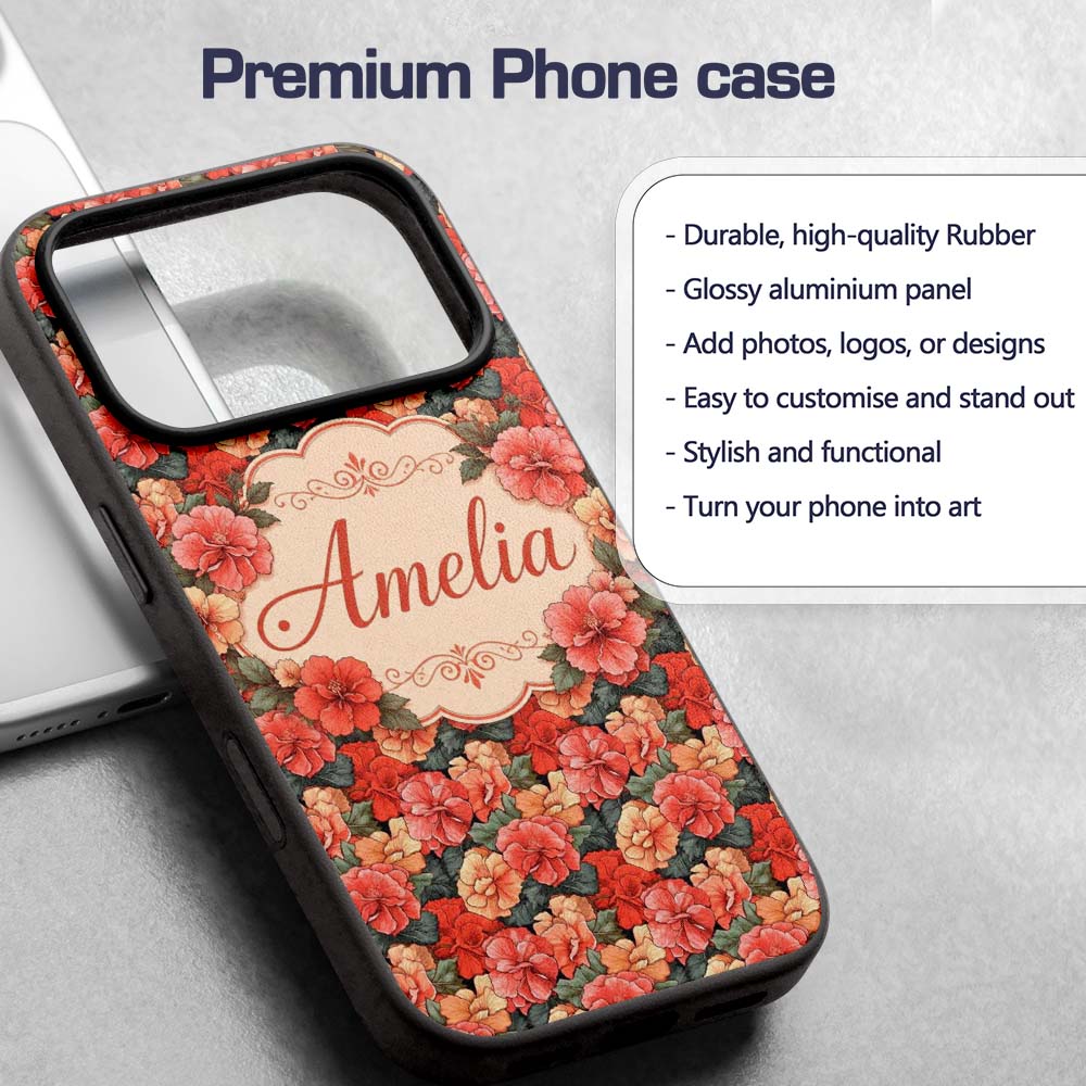 Vibrant Coral Hibiscus Floral Seamless Pattern Custom Name Protective Phone Case Mobile Cover Durable Everyday Smartphone Shock Resistant