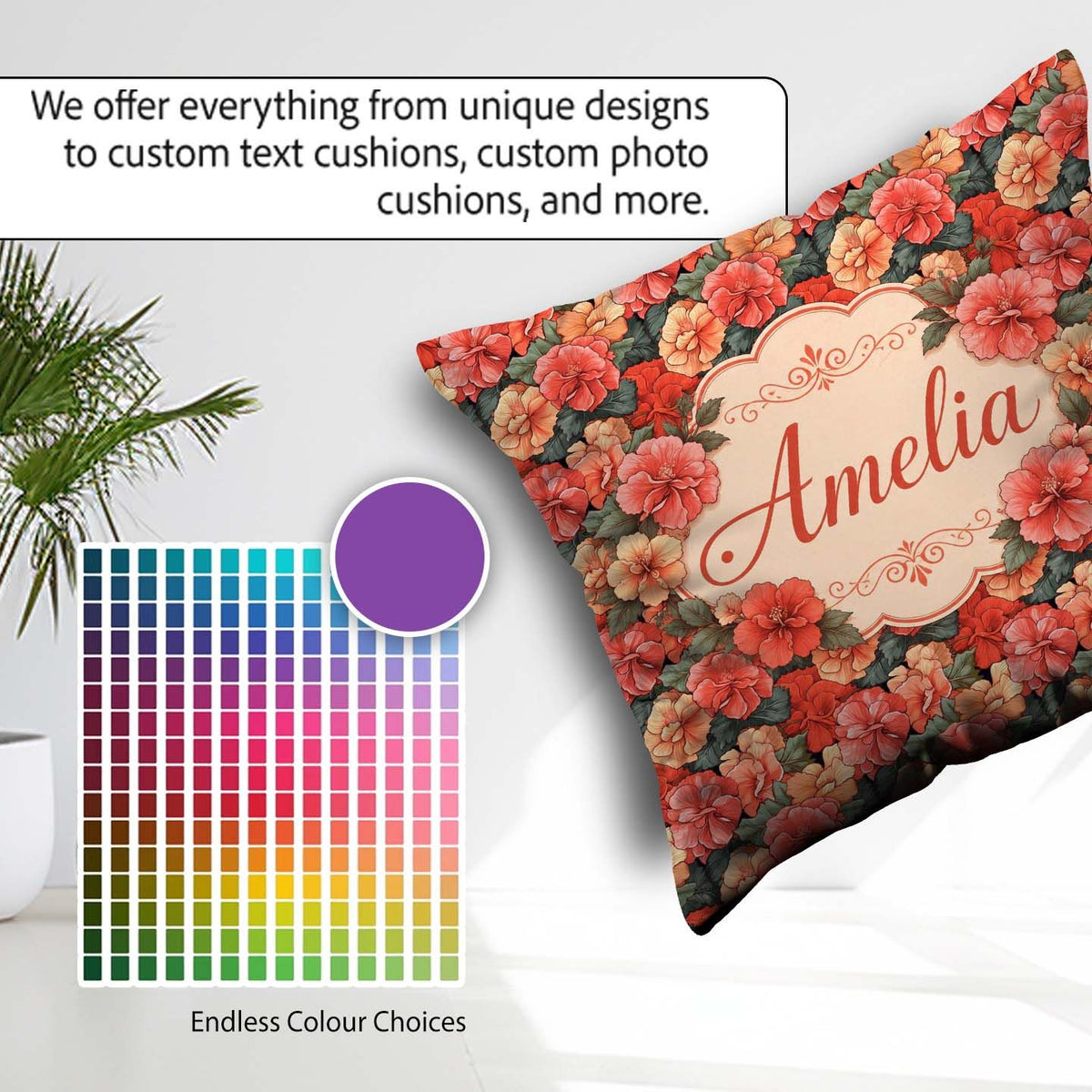 Custom Name Vibrant Hibiscus Floral Seamless Pattern Tropical Square Filled Cushion Throw Pillow Sofa Bed Home Decor Zip Washable UK Made