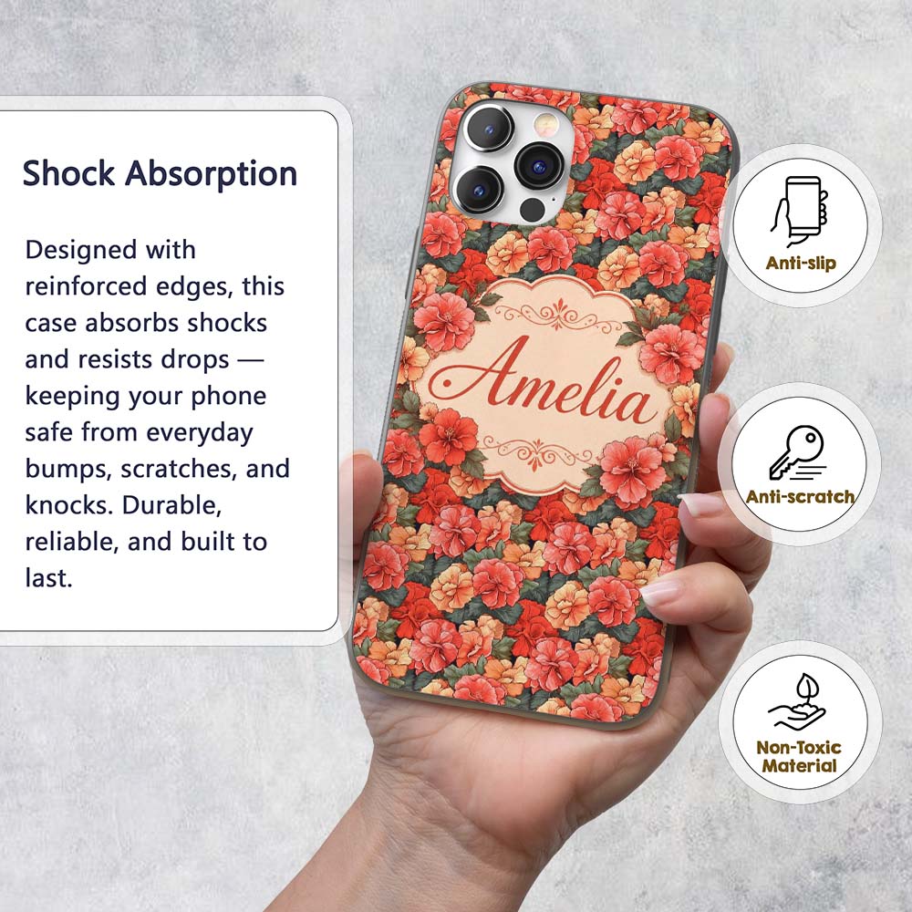 Vibrant Coral Hibiscus Floral Seamless Pattern Custom Name Protective Phone Case Mobile Cover Durable Everyday Smartphone Shock Resistant
