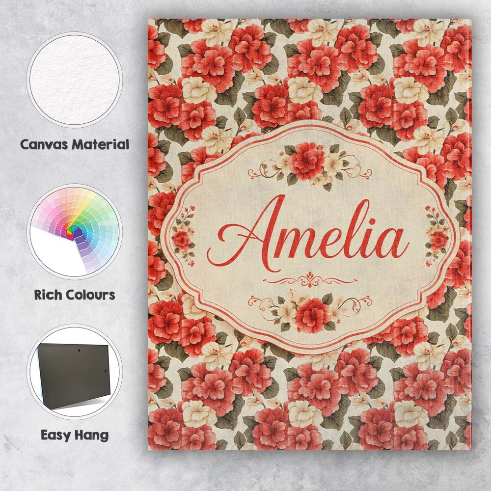 Personalised Name Soft Cream Coral Hibiscus Custom Bespoke Interior Contemporary Canvas Wall Art Print Decor Picture Ready to Hang