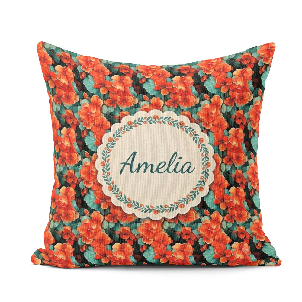 Custom Name Bold Orange Hibiscus Seamless Pattern Teal Tropical Square Filled Cushion Throw Pillow Sofa Bed Home Decor Zip Washable UK Made