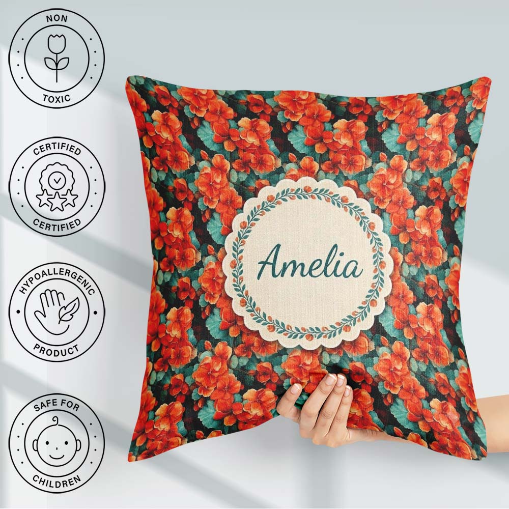 Custom Name Bold Orange Hibiscus Seamless Pattern Teal Tropical Square Filled Cushion Throw Pillow Sofa Bed Home Decor Zip Washable UK Made