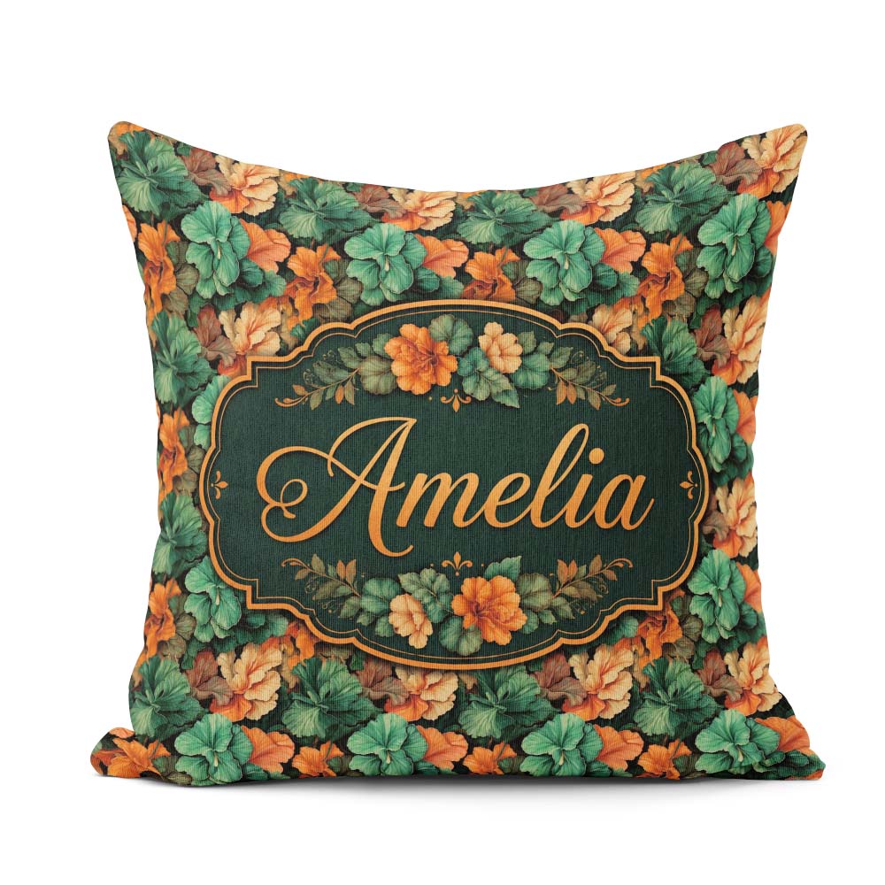 Custom Name Autumn Leaves Orange Seamless Pattern Dark Botanical Square Filled Cushion Throw Pillow Sofa Bed Home Decor Zip Washable UK Made