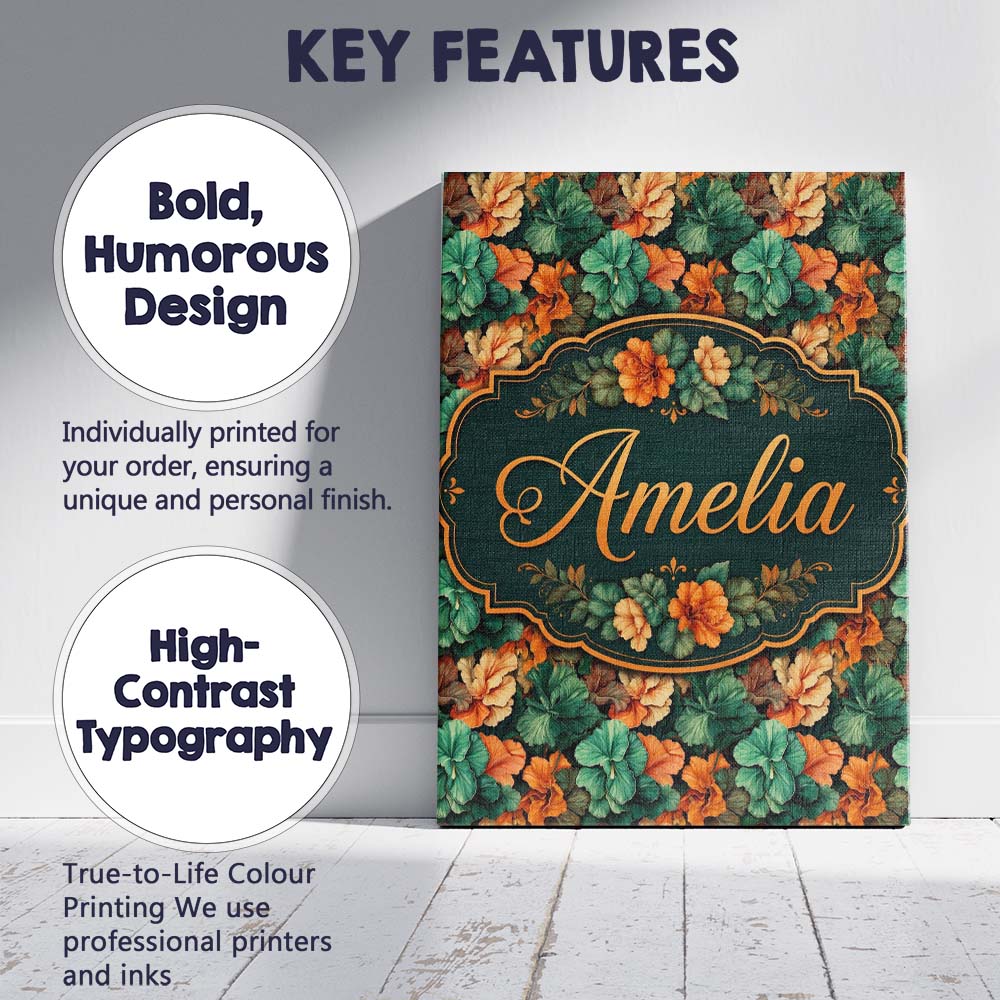 Personalised Name Autumn Leaves and Orange Custom Unique Gift Idea Elegant Feature Canvas Wall Art Print Decor Picture Ready to Hang