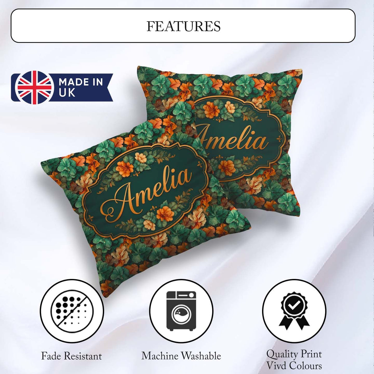 Custom Name Autumn Leaves Orange Seamless Pattern Dark Botanical Square Filled Cushion Throw Pillow Sofa Bed Home Decor Zip Washable UK Made