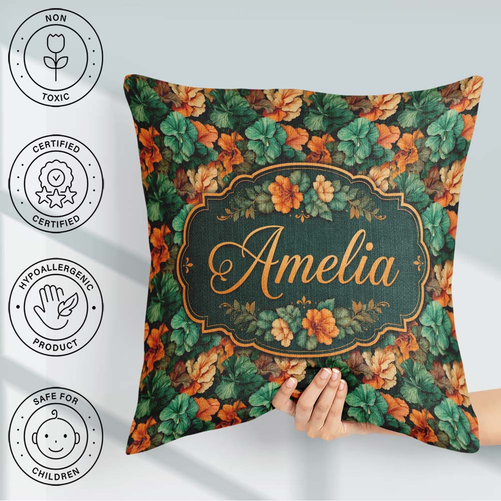 Custom Name Autumn Leaves Orange Seamless Pattern Dark Botanical Square Filled Cushion Throw Pillow Sofa Bed Home Decor Zip Washable UK Made