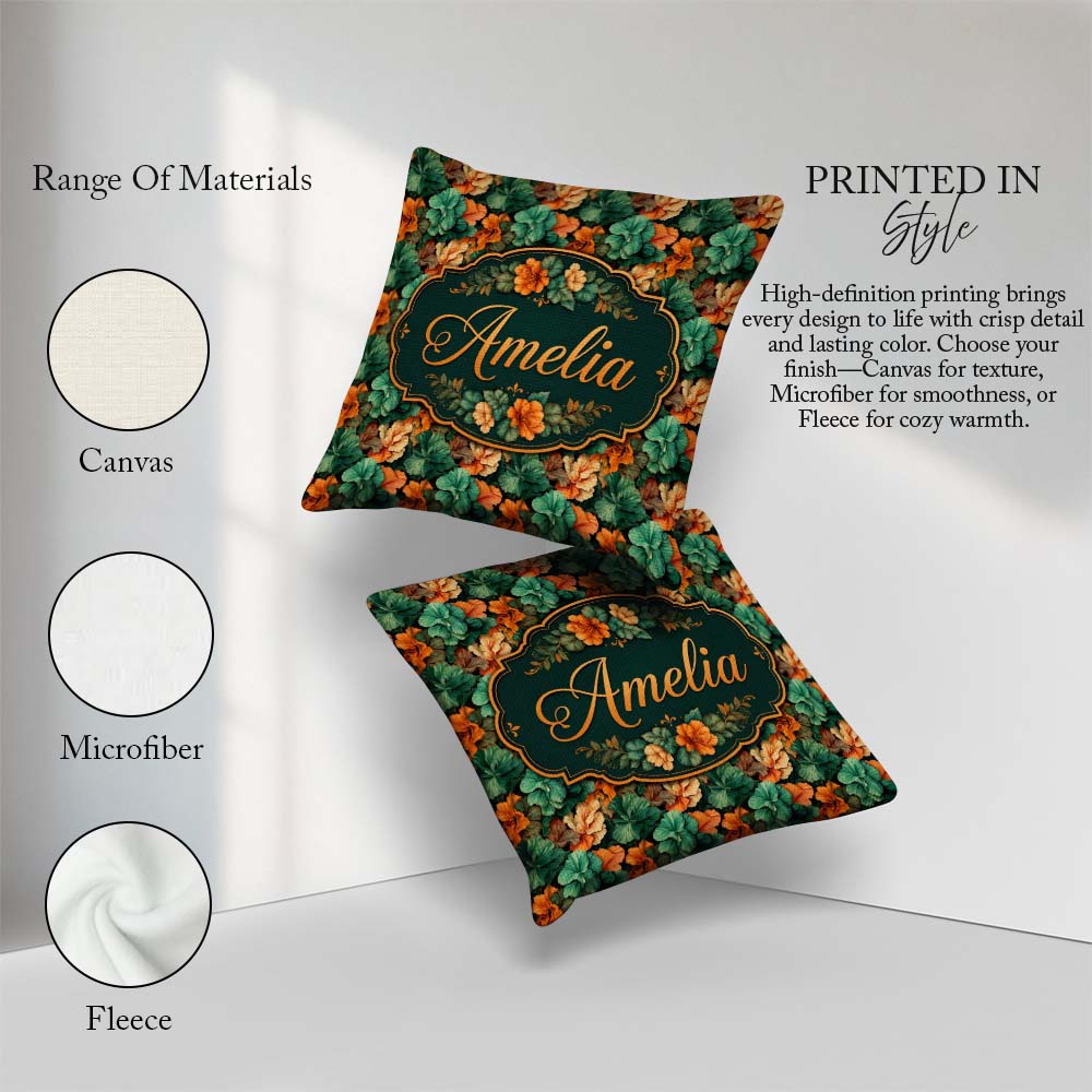 Custom Name Autumn Leaves Orange Seamless Pattern Dark Botanical Square Filled Cushion Throw Pillow Sofa Bed Home Decor Zip Washable UK Made
