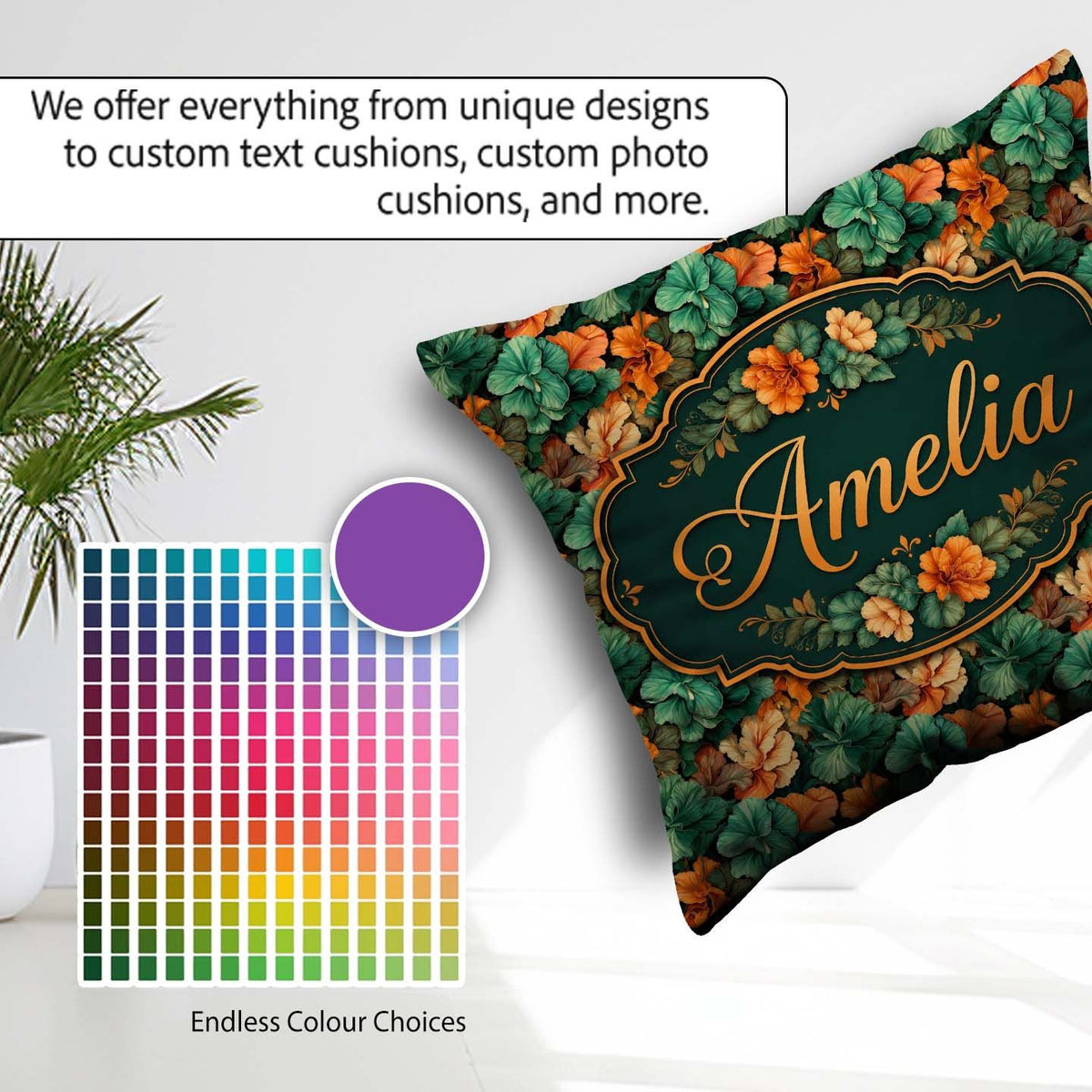 Custom Name Autumn Leaves Orange Seamless Pattern Dark Botanical Square Filled Cushion Throw Pillow Sofa Bed Home Decor Zip Washable UK Made