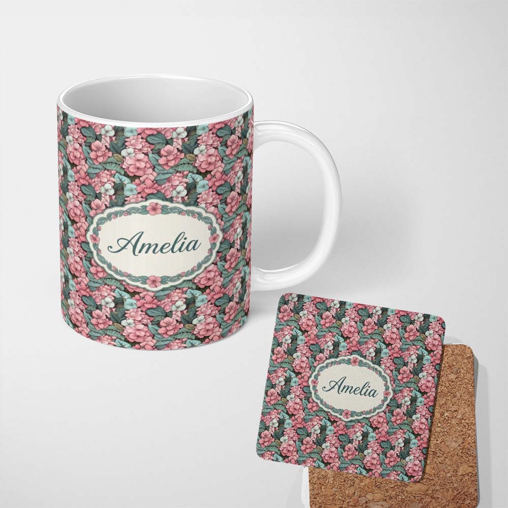 Personalized Custom Name Soft Pink and Mint Floral Garden Seamless Pattern Elegant Botanical 11oz Ceramic Coffee Tea Mug White Large Handle