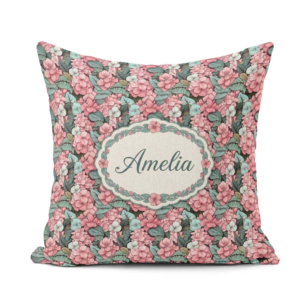 Custom Name Soft Pink and Floral Garden Seamless Pattern Elegant Square Filled Cushion Throw Pillow Sofa Bed Home Decor Zip Washable UK Made