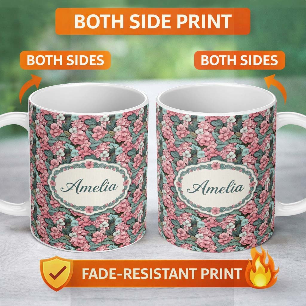 Personalized Custom Name Soft Pink and Mint Floral Garden Seamless Pattern Elegant Botanical 11oz Ceramic Coffee Tea Mug White Large Handle
