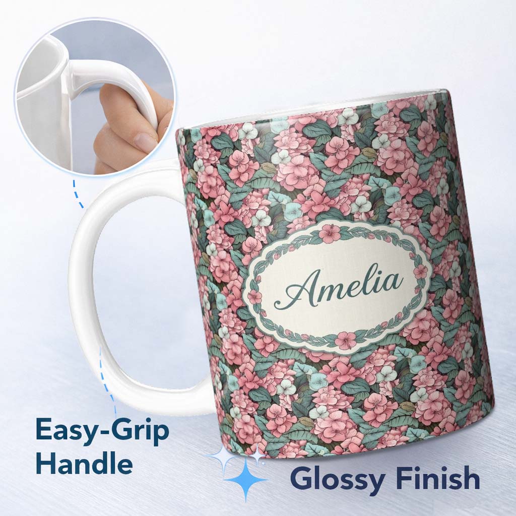 Personalized Custom Name Soft Pink and Mint Floral Garden Seamless Pattern Elegant Botanical 11oz Ceramic Coffee Tea Mug White Large Handle