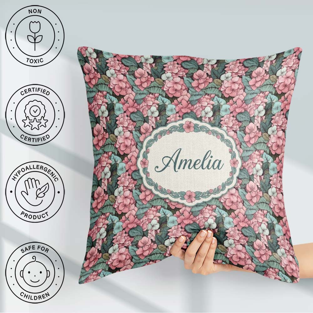 Custom Name Soft Pink and Floral Garden Seamless Pattern Elegant Square Filled Cushion Throw Pillow Sofa Bed Home Decor Zip Washable UK Made