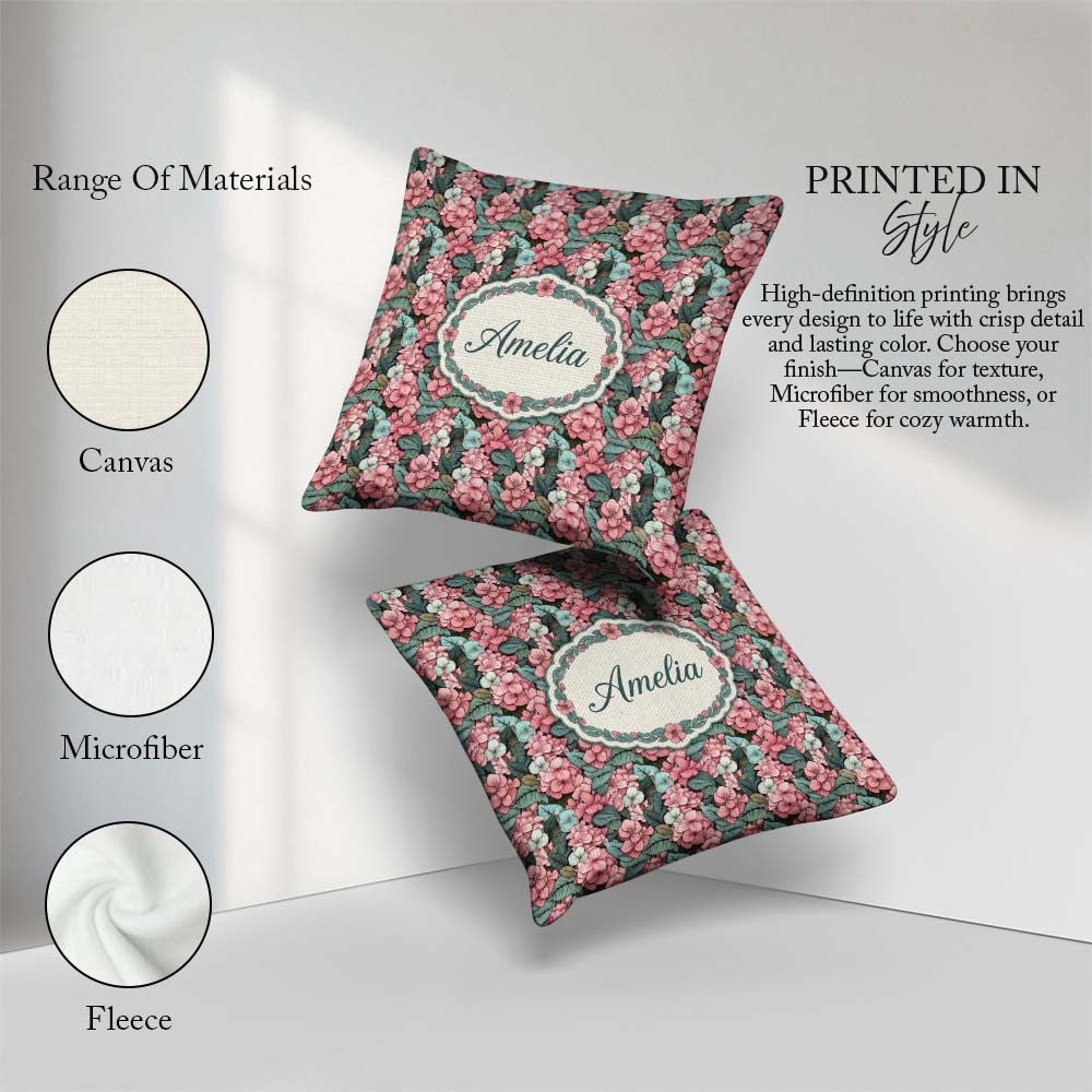Custom Name Soft Pink and Floral Garden Seamless Pattern Elegant Square Filled Cushion Throw Pillow Sofa Bed Home Decor Zip Washable UK Made