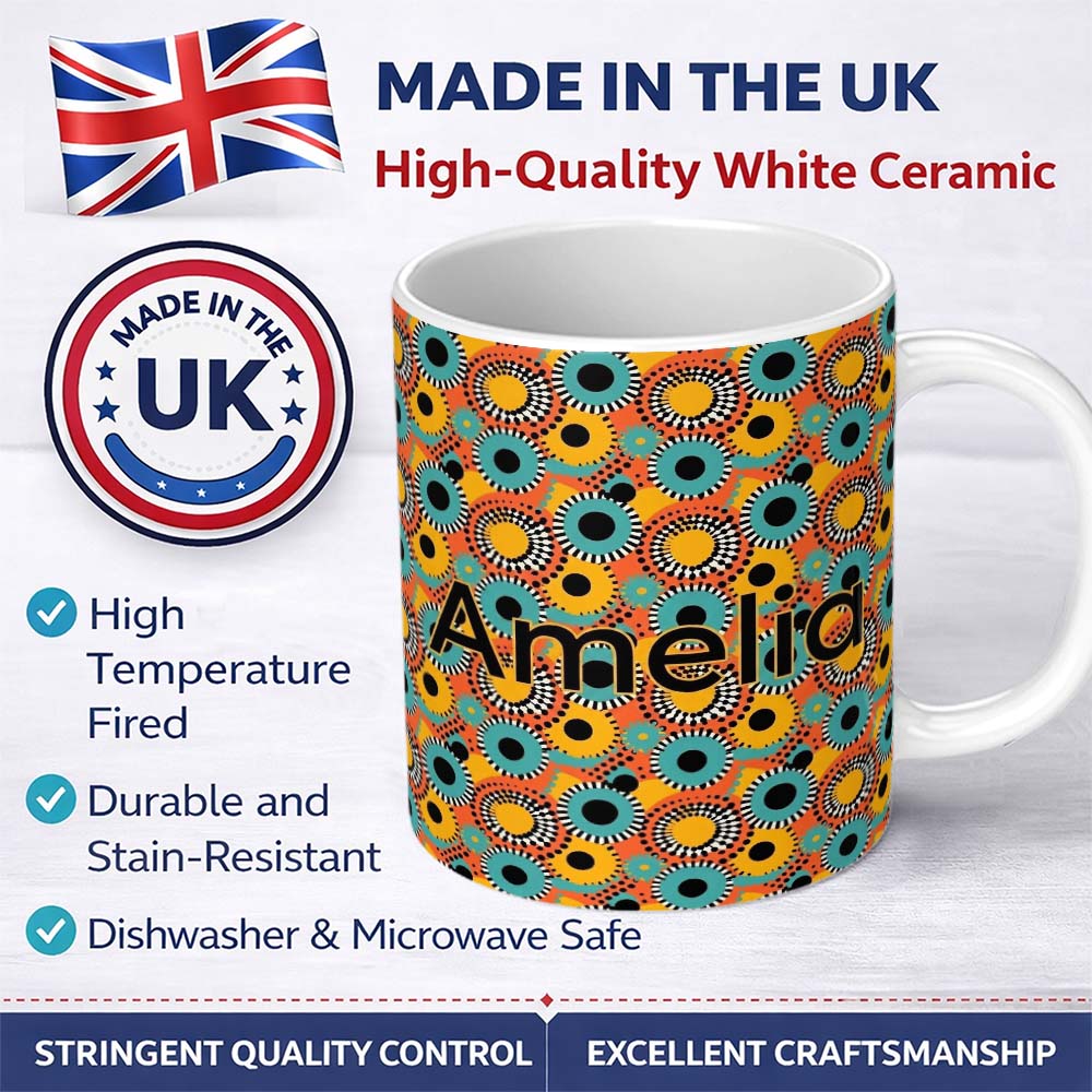 Personalized Custom Name Geometric Circle Pattern Mid Century Modern Abstract Design Lovely 11oz Ceramic Coffee Tea Mug White Large Handle
