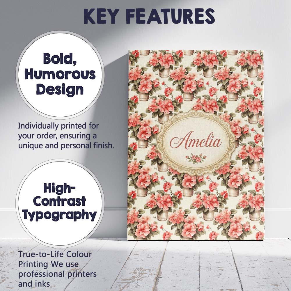 Personalised Name Potted Pink Flowers Custom Modern Room Accent Creative Decorator Style Canvas Wall Art Print Decor Picture Ready to Hang