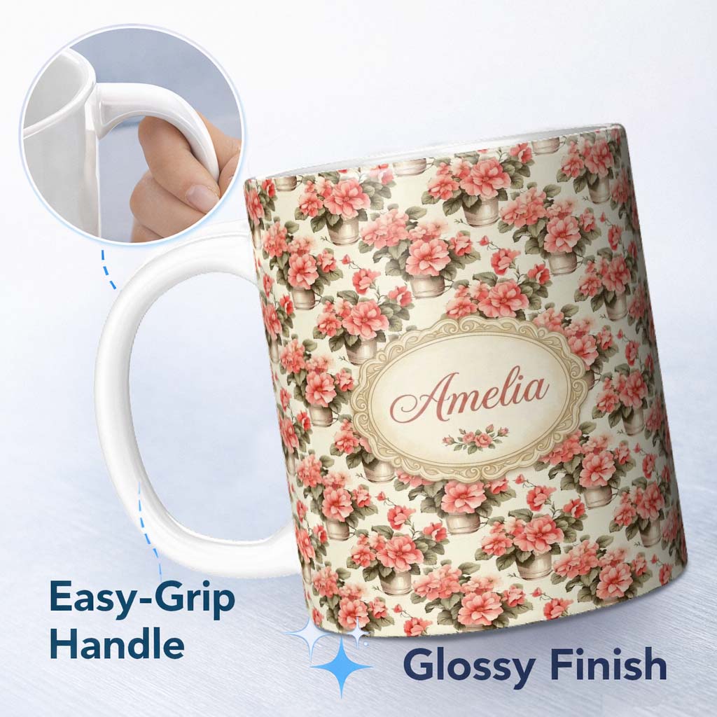 Personalized Custom Name Potted Pink Flowers Vintage Arrangement Seamless Pattern Classic 11oz Ceramic Coffee Tea Mug White Large Handle