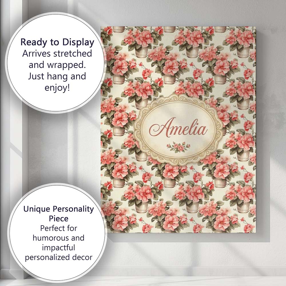 Personalised Name Potted Pink Flowers Custom Modern Room Accent Creative Decorator Style Canvas Wall Art Print Decor Picture Ready to Hang