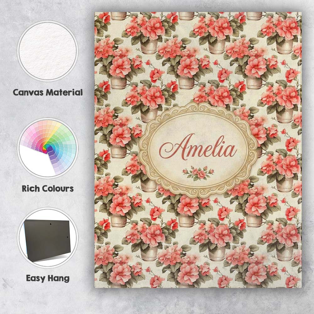 Personalised Name Potted Pink Flowers Custom Modern Room Accent Creative Decorator Style Canvas Wall Art Print Decor Picture Ready to Hang