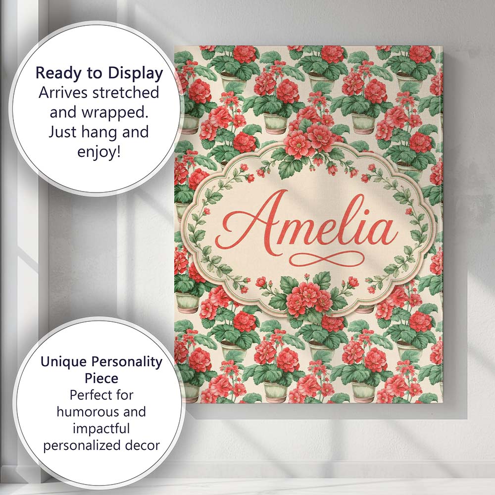 Personalised Name Red Geranium Potted Plant Custom Bespoke Interior Contemporary Canvas Wall Art Print Decor Picture Ready to Hang