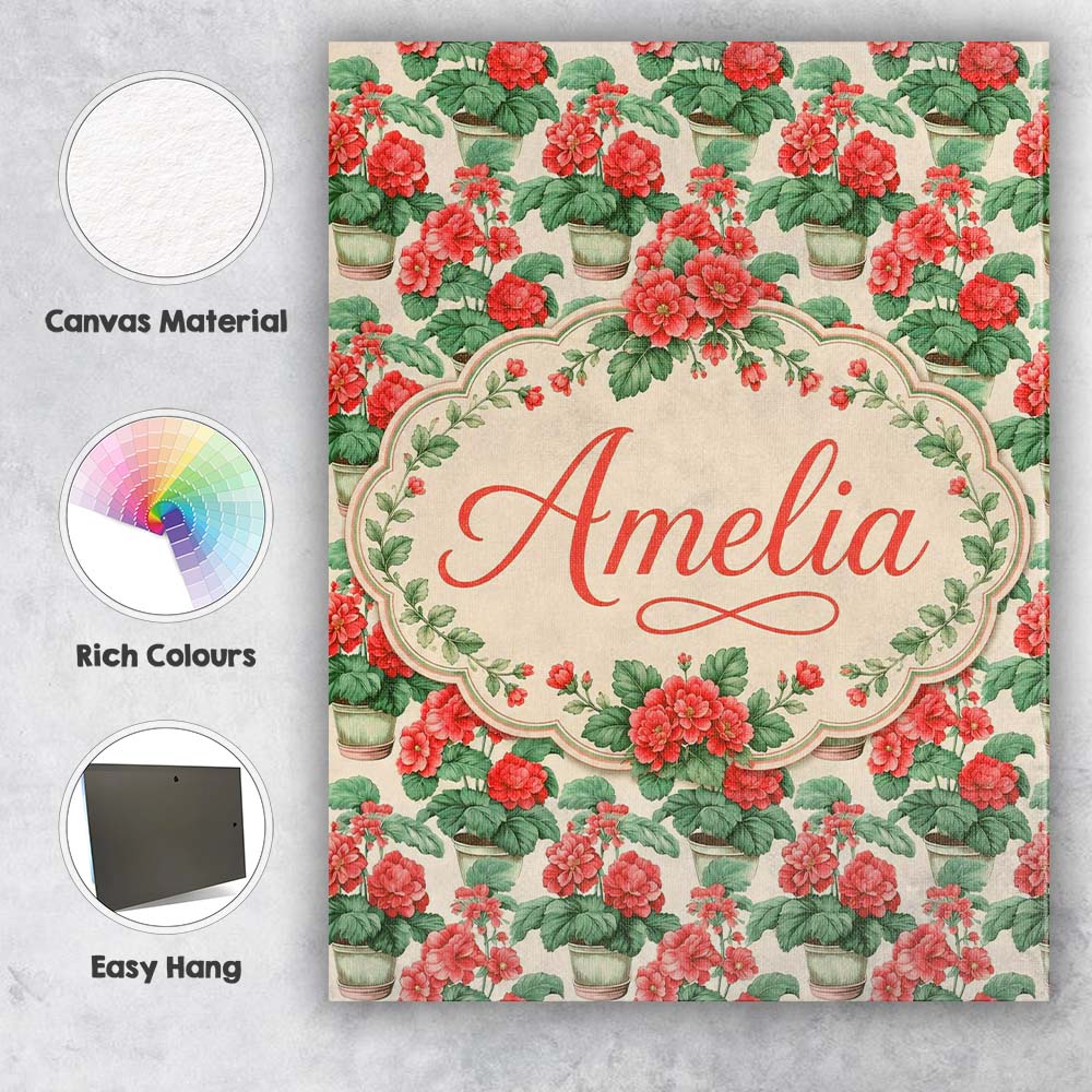 Personalised Name Red Geranium Potted Plant Custom Bespoke Interior Contemporary Canvas Wall Art Print Decor Picture Ready to Hang
