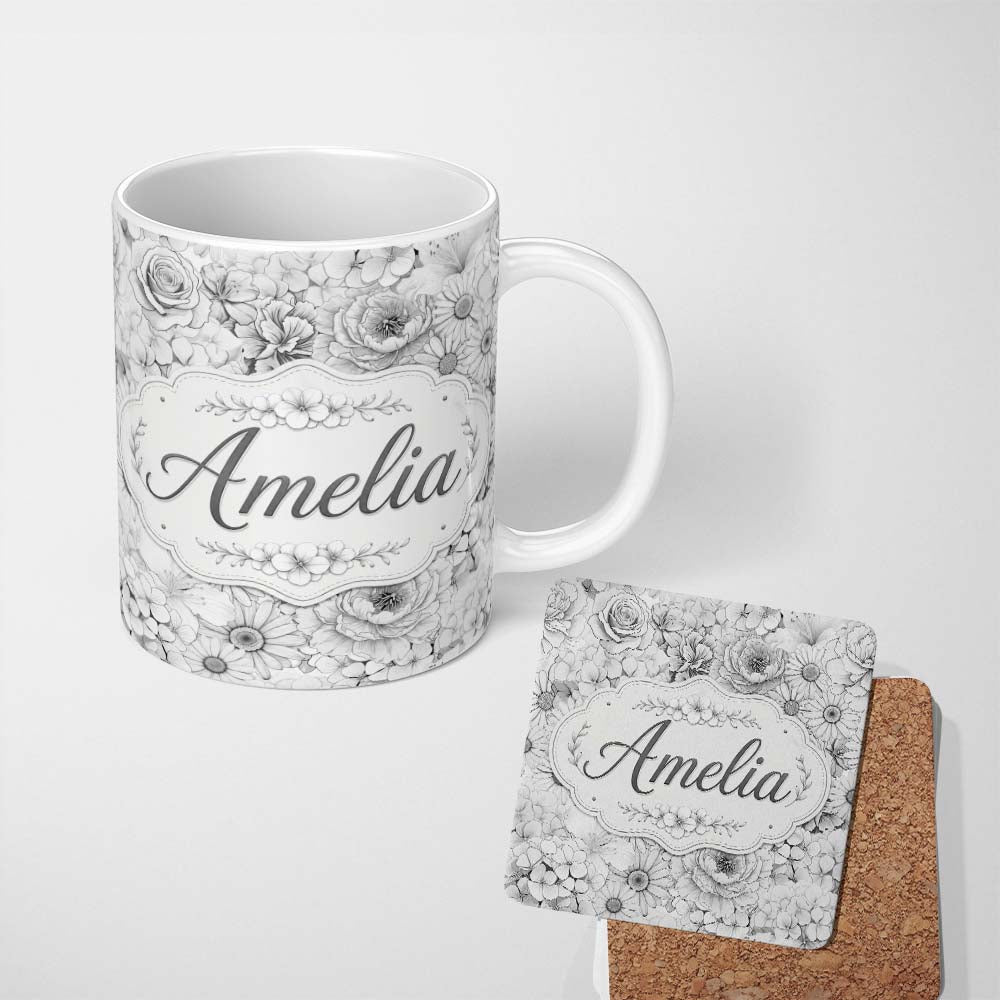 Personalized Custom Name Elegant Monochrome Floral Bouquet Pattern with Roses Peonies and 11oz Ceramic Coffee Tea Mug White Large Handle