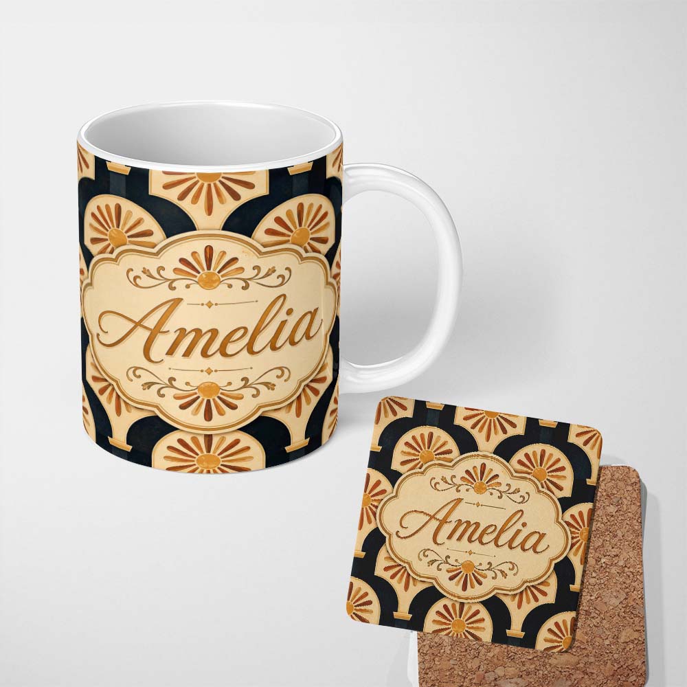 Personalized Custom Name Sunburst Arch Art Deco Vintage Seamless Pattern Perfect Gift for Her 11oz Ceramic Coffee Tea Mug White Large Handle