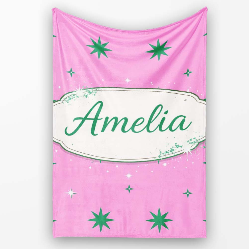 Green Star Shapes on Pink Background Seamless Pattern Lovely Personalised Custom Name Super Soft Fleece Blanket Bed Sofa Throw