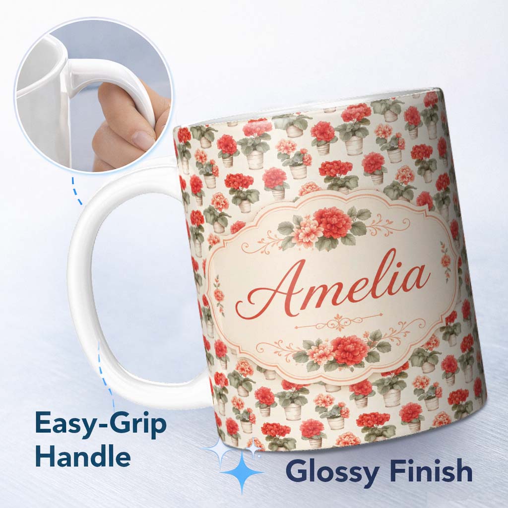 Personalized Custom Name Small Potted Coral Flowers Repeating Pattern Minimal Botanical Name 11oz Ceramic Coffee Tea Mug White Large Handle
