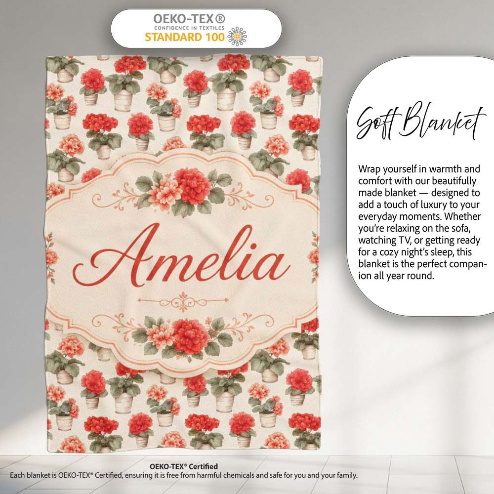 Small Potted Coral Flowers Repeating Pattern Minimal Botanical Name Personalised Custom Name Super Soft Fleece Blanket Bed Sofa Throw