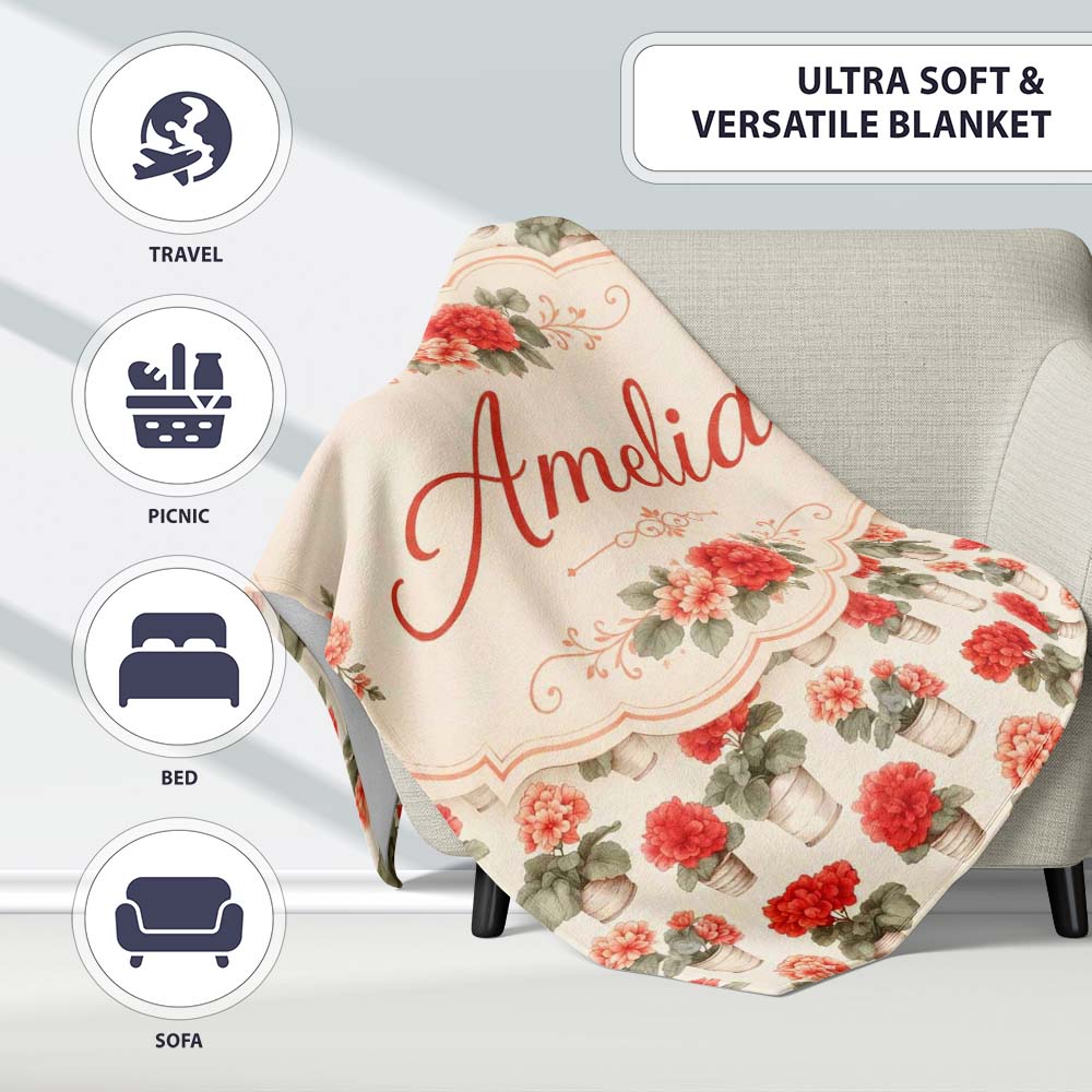 Small Potted Coral Flowers Repeating Pattern Minimal Botanical Name Personalised Custom Name Super Soft Fleece Blanket Bed Sofa Throw