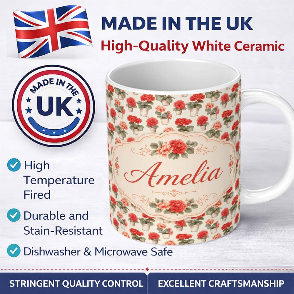 Personalized Custom Name Small Potted Coral Flowers Repeating Pattern Minimal Botanical Name 11oz Ceramic Coffee Tea Mug White Large Handle