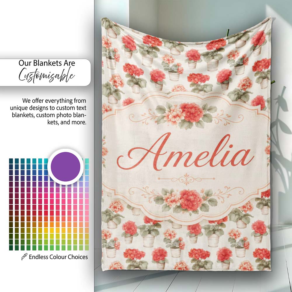 Small Potted Coral Flowers Repeating Pattern Minimal Botanical Name Personalised Custom Name Super Soft Fleece Blanket Bed Sofa Throw