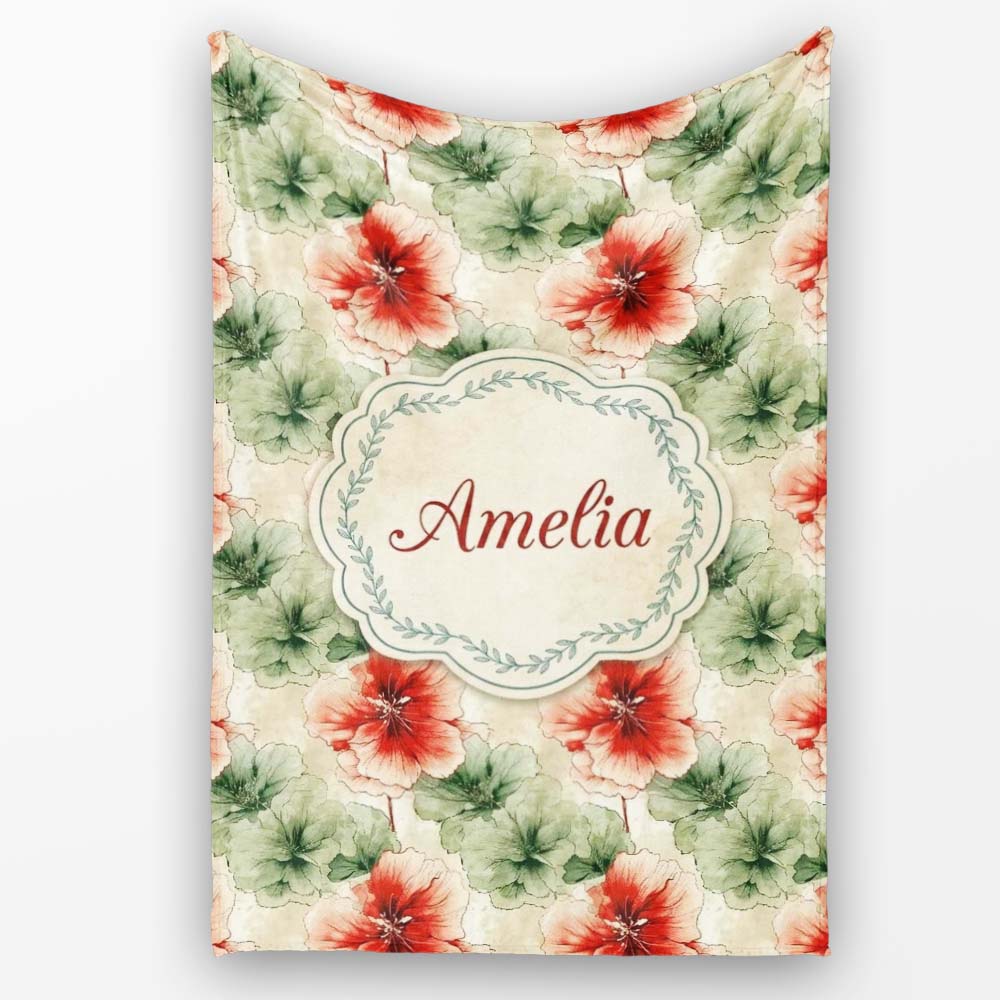 Watercolor Red and Green Floral Seamless Pattern Artistic Botanical Personalised Custom Name Super Soft Fleece Blanket Bed Sofa Throw