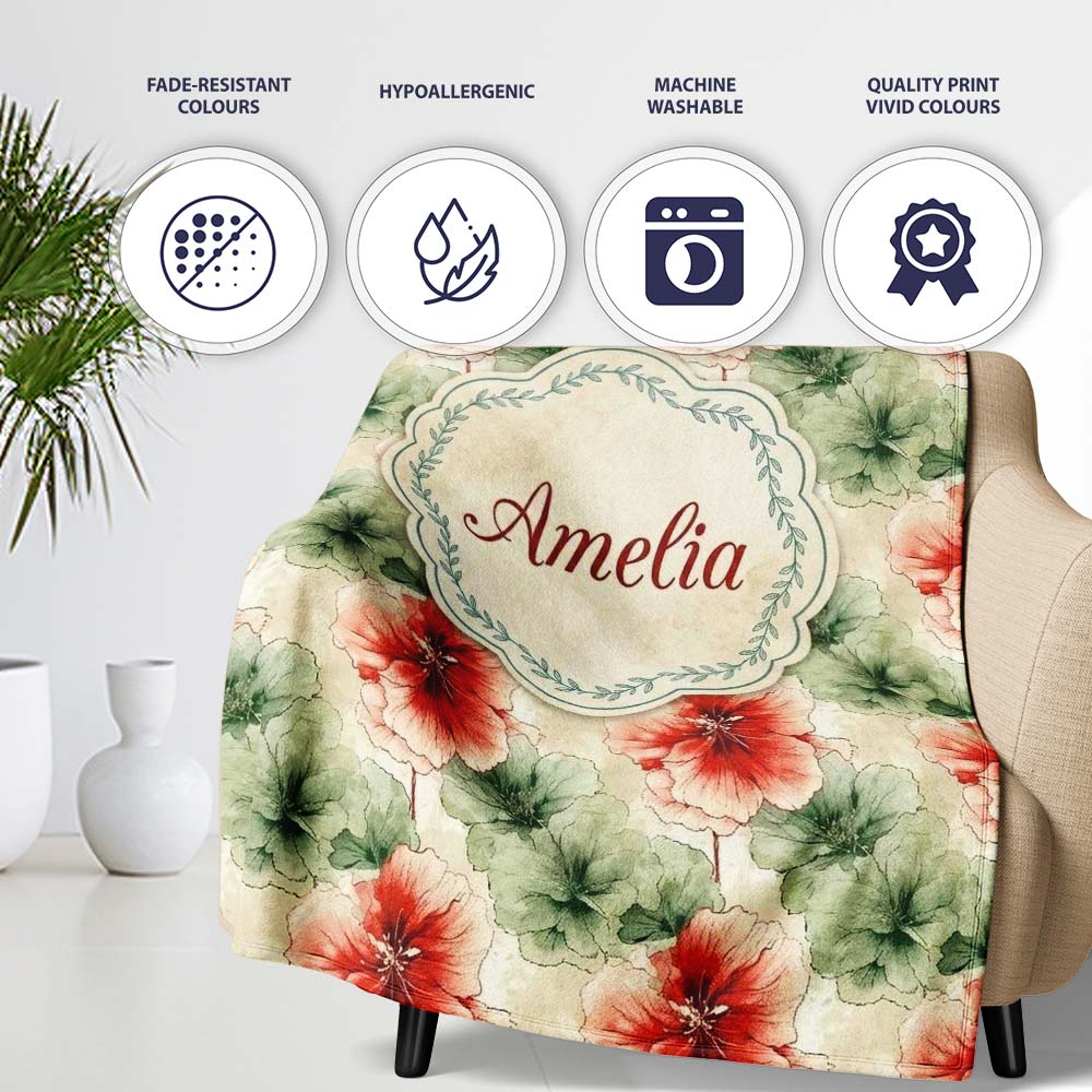 Watercolor Red and Green Floral Seamless Pattern Artistic Botanical Personalised Custom Name Super Soft Fleece Blanket Bed Sofa Throw