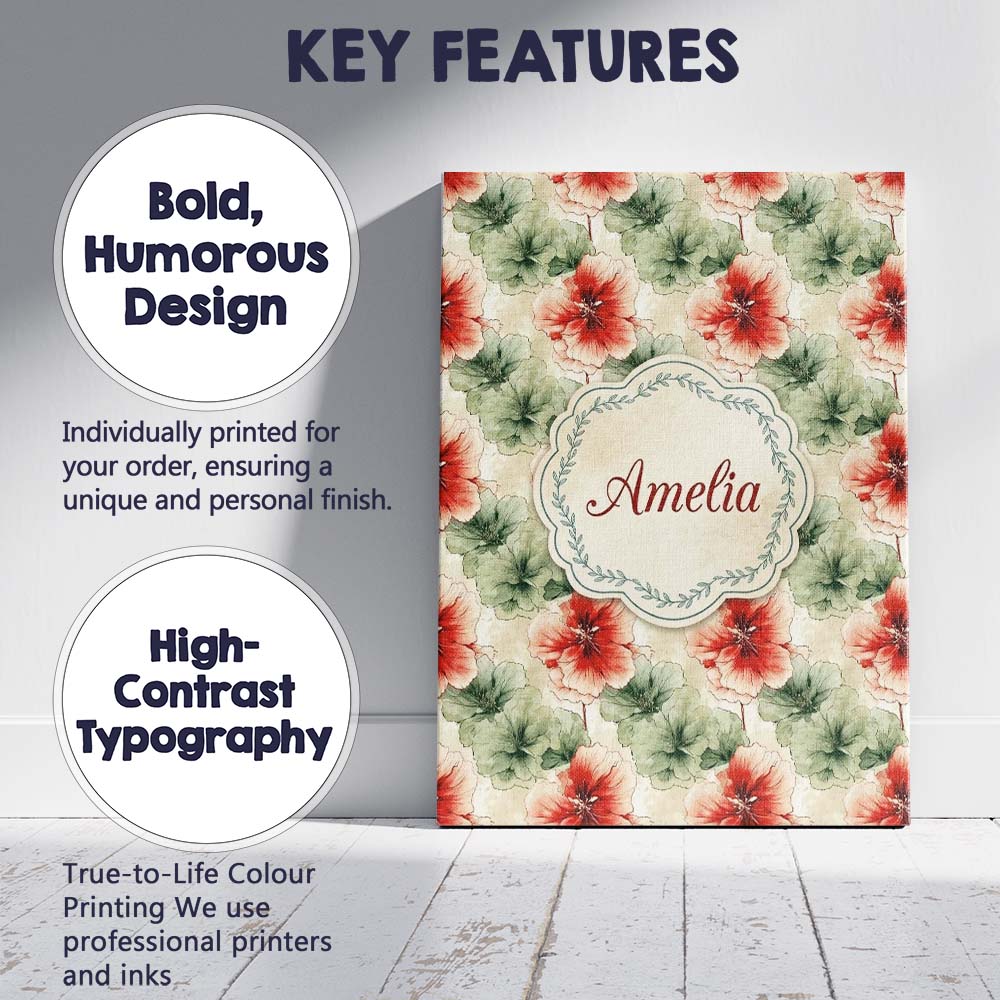 Personalised Name Watercolor Red and Green Custom Unique Gift Idea Elegant Feature Canvas Wall Art Print Decor Picture Ready to Hang
