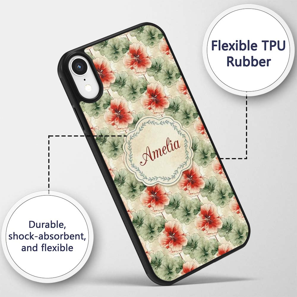 Watercolor Red and Green Floral Seamless Pattern Custom Name Protective Phone Case Mobile Cover Durable Everyday Smartphone Shock Resistant