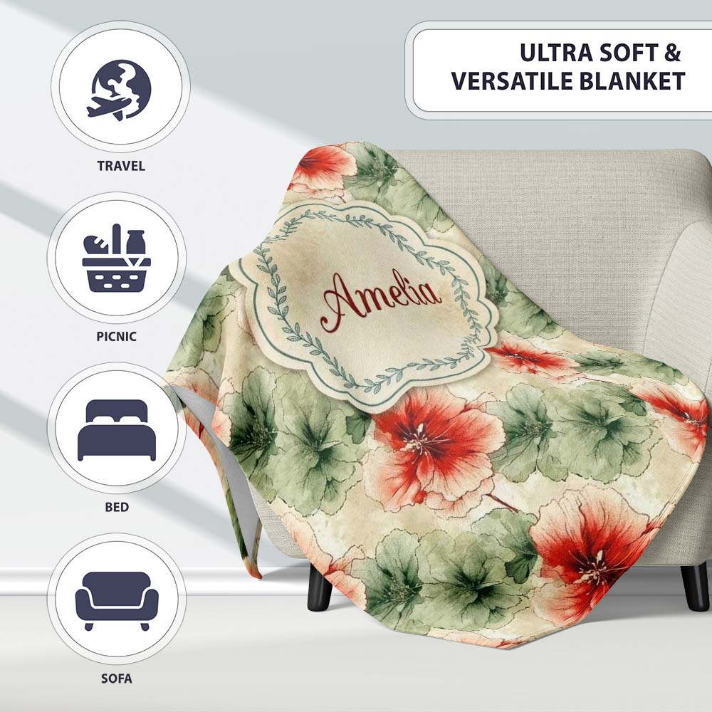 Watercolor Red and Green Floral Seamless Pattern Artistic Botanical Personalised Custom Name Super Soft Fleece Blanket Bed Sofa Throw