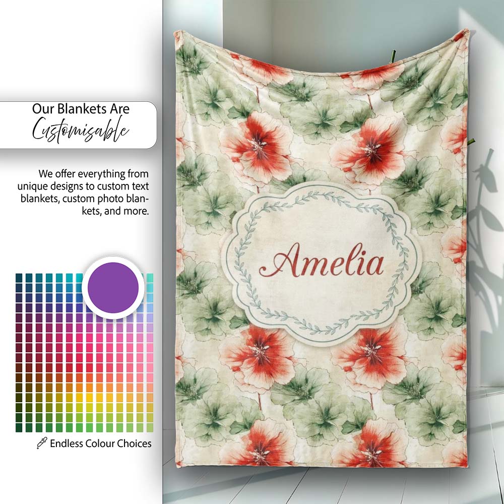 Watercolor Red and Green Floral Seamless Pattern Artistic Botanical Personalised Custom Name Super Soft Fleece Blanket Bed Sofa Throw