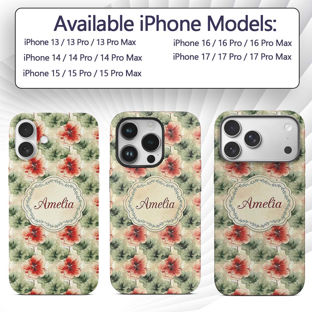 Watercolor Red and Green Floral Seamless Pattern Custom Name Protective Phone Case Mobile Cover Durable Everyday Smartphone Shock Resistant