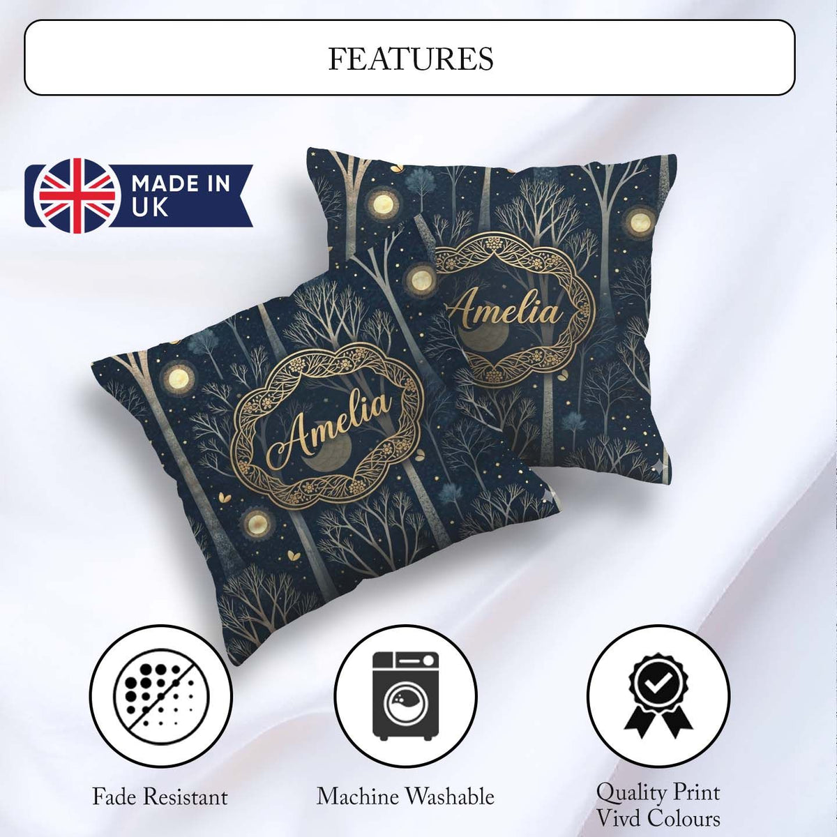 Custom Name Mystical Forest Trees Starry Night Seamless Pattern Square Filled Cushion Throw Pillow Sofa Bed Home Decor Zip Washable UK Made